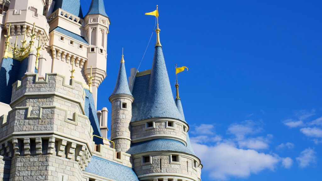 Close-up of the towers of Cinderella Castle
