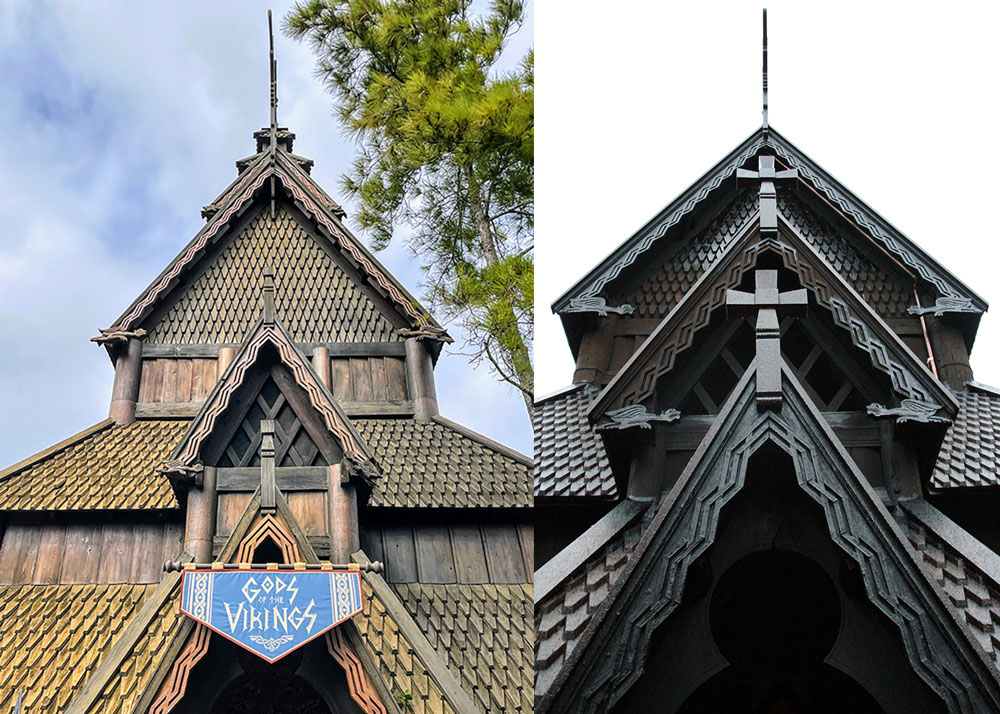 comparison between Gol Stave Church and Epcot's Stave Church - gables