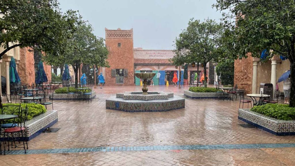 epcot architecture Morocco plaza in rain
